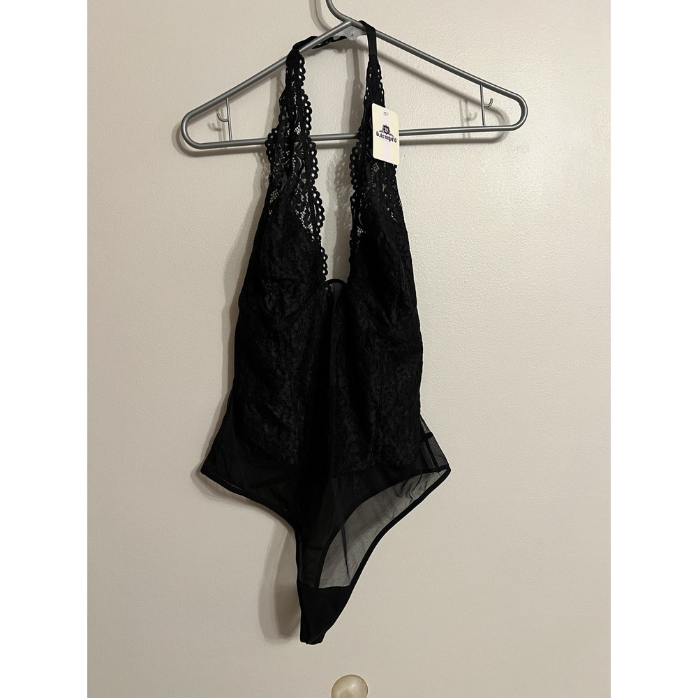 B.tempt'd'by Wacoal Ciao Bella Lingerie Halter Bodysuit Black Sz XL Teddy Sexy